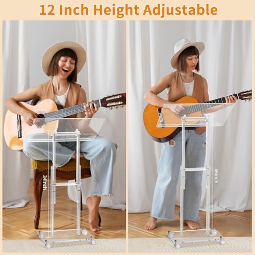 Clear Acrylic Podium Stand with Lockable Wheels, Adjustable Height & Angle