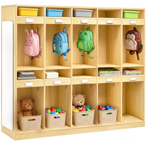 20-Section Classroom Coat Locker with Scratch-Resistant Mirror, Daycare Cubbies with Acrylic Name Tags & Hooks & Storage Cubbies, Natural Wood Classroom Cubbies for Classroom, Home, School, Nursery