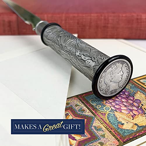 American Coin Treasures Coin Letter Opener Barber Dime- Antiqued Silvertone Brass Handle-Genuine United States Coin