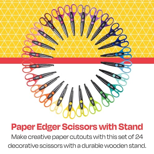 School Smart Paper Edger Scissor Set with Stand, Assorted Designs, Pack of 24