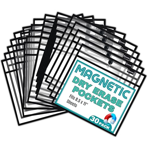 Magnetic Dry Erase Pockets by Two Point (30-Pack) - Landscape - Black Dry Erase Pocket Sleeves, Job Shop Ticket Holders, Clear Paper Sleeves Protector, Magnetic Pouch
