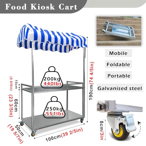 Metal Food Cart with Wheels for Business, Portable Street Food Kiosk/Farmers Market Booth, 100x50/40x20'' 120x60/47x24'' Food Vendor Booth Display Stands(120x60cm/47.2x23.6in)