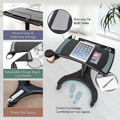 EHO Mobile Laptop Standing Desk Carts on Wheels with Stationery Storage, Pneumatic, Height Adjustable Rolling Stand, Sit to Stand Computer Cart, Workstation for Home, Office, Medical and School