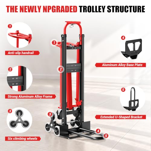 BSMTEK 4 in 1 Convertible Hand Truck Dolly Cart with Wheels, 1000 Lbs Max Capacity Heavy Duty Iron Stair Climbing Cart, Folding Dolly with Bungee Cord for Stairs, Home, Office, Red-Black