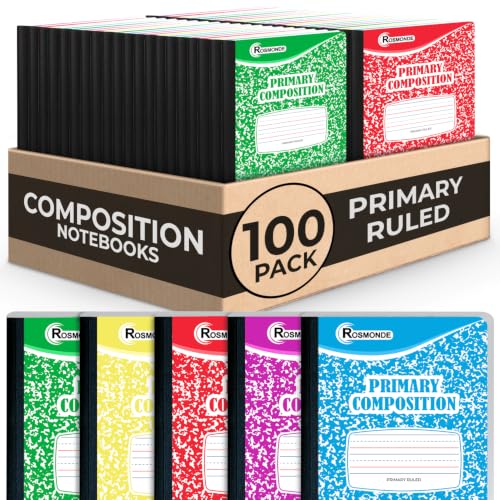 Rosmonde 100 Pack Bulk Composition Notebooks, Primary Ruled, Color Marbles