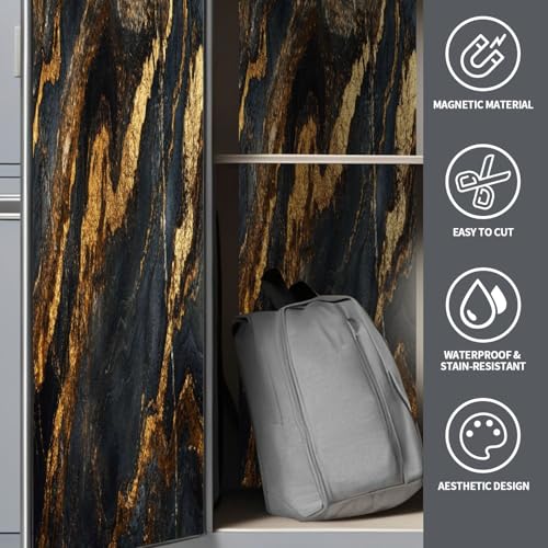CEREJYPUZ 2 Pcs Locker Magnetic Wallpaper Natural Slate Shades Gold Black 12" x 36" Wall Magnetic Sticker Removable Locker Accessories Decor Easy Install for Office School