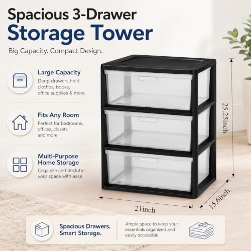 Pomiler Plastic 3 Drawer Storage Organizer,Drawer Rolling Cart with Clear Pull Out Drawers with 4 Wheels,for Classroom Art Supplies Bathroom Dorm Bedroom Laundry Room (Black)