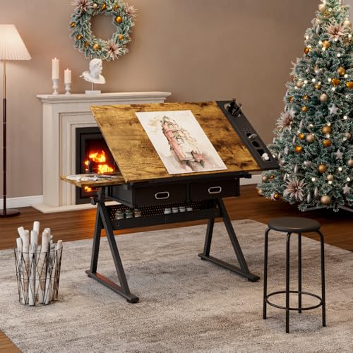 WizSeq Adjustable Height Drafting Table with Stool, Tilting Art Desk 0–75° with 2 Drawers and Storage Rack for Home Office and Studio (New Rustic Brown)