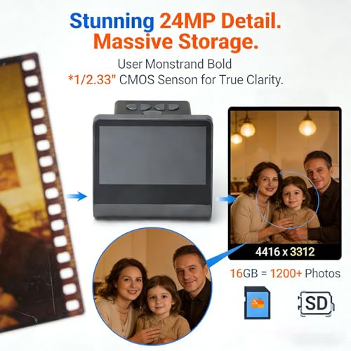 Film and Slide Scanner with Large 5 Inch LCD Screen, 24MP Digital Film Scanner Converts Color Black White 35mm 135 110 126KPK Film