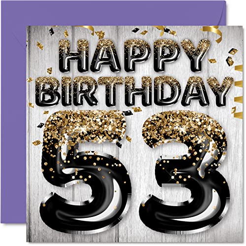 Stuff4 53rd Birthday Card for Men, Black & Gold Glitter Balloons