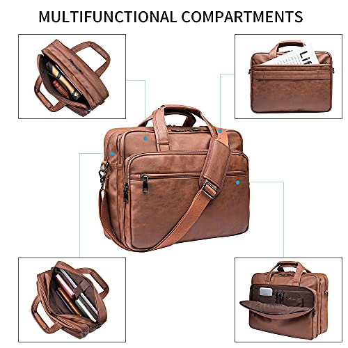 Seyfocnia Men's 17.3 Inches Laptop Bag, Brown Faux Leather Briefcase