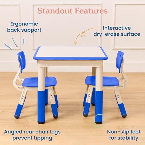 ECR4Kids Dry-Erase Square Activity Table with 2 Chairs, Adjustable, Kids Furniture, Blue, 3-Piece
