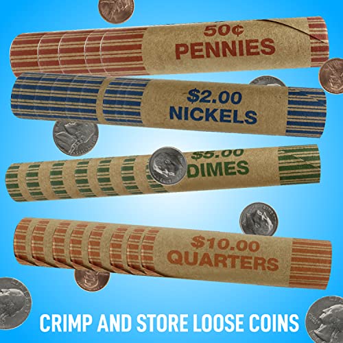 Nadex 256 Assorted Preformed Crimped End Coin Roll Wrappers with Color Coded Coin Wrapper Crimping Tool (Patent Pending), 64 Each of Nickels, Dimes, Pennies and Quarters