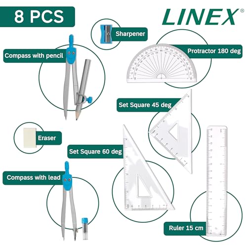 Linex Blue Geometry Set, Maths GCSE, Secondary School Set, 10 Pieces, Compasses, Protractor