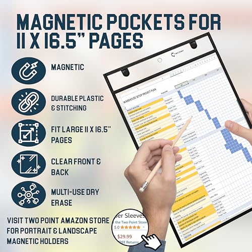 Huge Magnetic Dry Erase Pockets by Two Point (25-Pack) - Portrait - Fits 11 x 16.5 inch Pages, Black Dry Erase Sleeves, Job Shop Ticket Holders, Clear Paper Sleeves Protector, Magnetic Folder Pouch