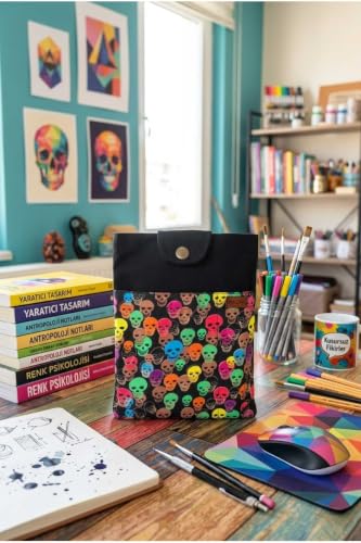 Handmade Book and Planner Cover Multifunctional Bag Black Canvas with Patterned Front Pocket 7.9 x 9.8 inches