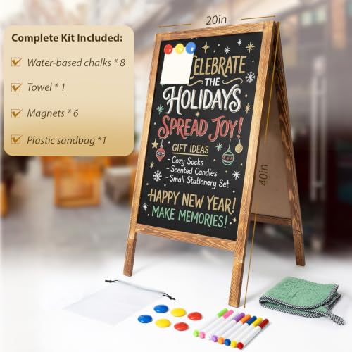 Double-Sided A-Frame Chalkboard Sign 40x20, Magnetic Sidewalk Sign with Solid Pine Wood Frame, Large Chalkboard Easel Menu Board for Restaurants, Cafes, Weddings & Outdoor Display with Accessories