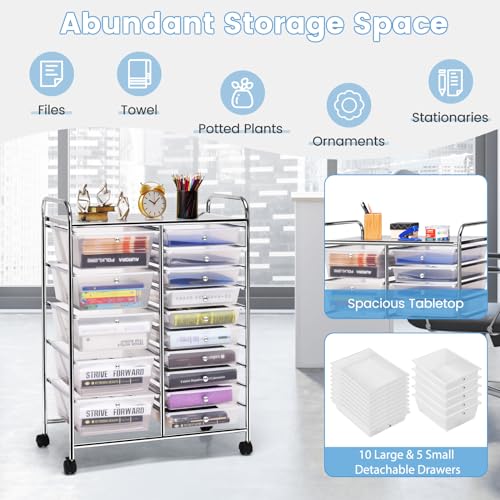 DREAMADE Rolling Cart with 15 Drawers, Clear Plastic Drawer Organizer w/Lockable Wheels, Removable & 2-Sized Storage Drawers, Art Cart for School Home Art Supplies Crafts File Scrapbook (Transparent)