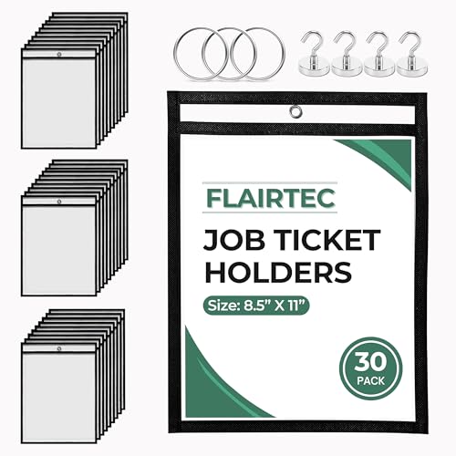 Job Ticket Holders 10x14 - (30 Pack) 8.5x11 Letter Size | Reusable Dry Erase Pockets Black with Metal Rings & Hooks | Durable Clear Shop Sleeves for Work Order | Perfect for Classrooms