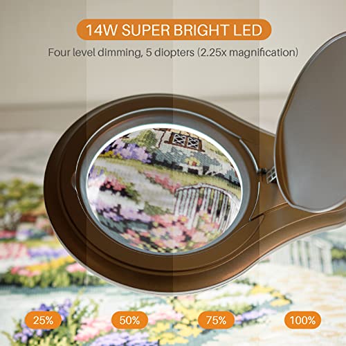 Bemelux LED Magnifying Lamp with Clamp, 5 Inch Magnifier Glass Lens, Metal Swing Arm Dimming 1200 Lumens Lighted Magnifying Desk Lamp for Crafts, Bright 60PCS LEDs - 2.25X Magnification(Silver)