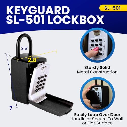 KeyGuard SL-501 Punch Button Lock Box | Portable Shackle LockBox For Outside - Fits House Keys, Car Keys, Fobs, & More | Keypad Safe Box, Digital Push Button Combination Lock | Black Finish