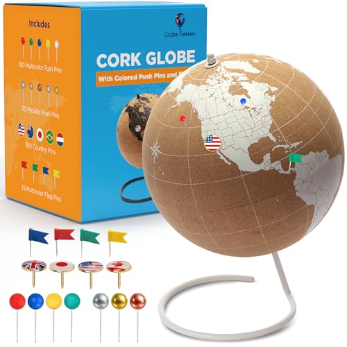 White Cork Globe with Push Pins - 12.8” Tall Globe with Map of the World and Rotating Stand for Adults, 275 Pins - 100 Colored, 50 Metallic, 100 Country, 25 Flag - For Home, Office, Travel
