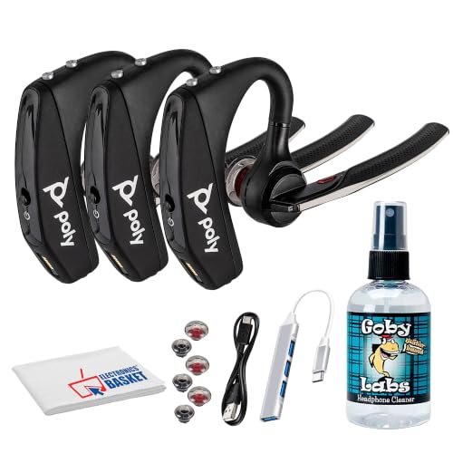 Plantronics Poly Voyager 5200 Wireless Bluetooth Headset with Four Microphone Array (3 Pack) WindSmart Technology Voice Control for Office (7S431AA#ABA) + Headphone Cleaner + Hub + Cloth (9pc Bundle)