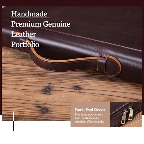Geslun Leather Portfolio Zippered 3 Ring Binder with Hidden Handle and Clip
