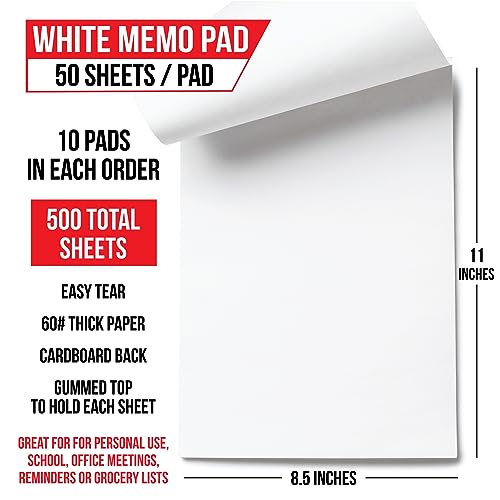 White Plain Note Pads - Memo Pads - Scratch Pads - Blank Writing Pads - 10 Pads 50 sheets in each pad (8.5" x 11")
