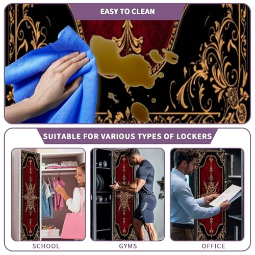 CEREJYPUZ 2 Pcs Locker Magnetic Wallpaper Ornate Baroque Style Golden Floral Deep Red 12" x 36" Wall Magnetic Sticker Removable Locker Accessories Decor Easy Install for Office School