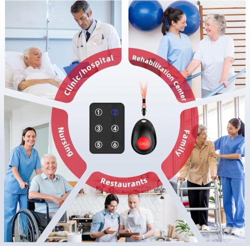 CallToU Wireless Call Button Caregiver Pager Nurse Call System for Elderly/Patients at Home/Hospital with Voice Announcements and LED Number Display (6 Waterproof Call Button & 2 Receiver)