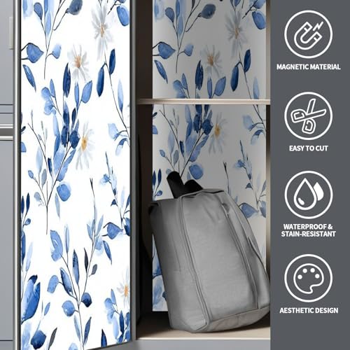 CEREJYPUZ 2 Pcs Locker Magnetic Wallpaper Seamless Floral Blue Flowers White Hand Painted Watercolor 12" x 36" Wall Magnetic Sticker Removable Locker Accessories Decor Easy Install for Office School