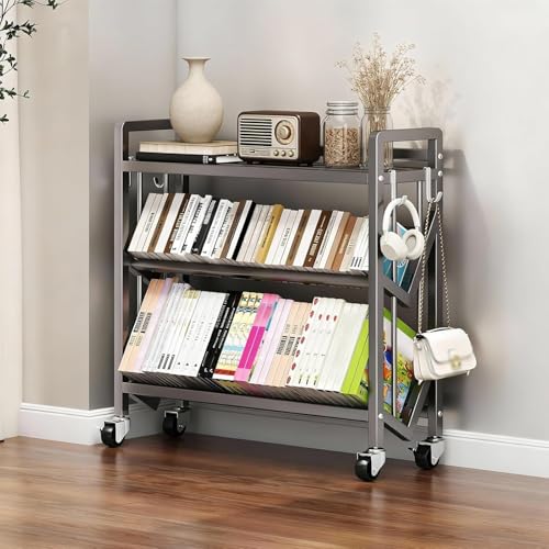 Rolling Library Book Cart, Large Capacity Movable Bookshelf Organizer Rack with Wheels, Carbon Steel Storage Shelf with Anti-Slip Partition for Home Office School(3 Tier-90cm)