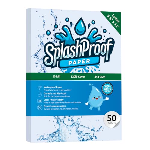 SplashProof Printer Paper - 8.5" x 11", 10 Mil Waterproof Paper, Laser Printer & Copy Machine Compatible (50 Sheets)