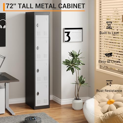 IDEALHOUSE Metal Locker, Metal Storage Cabinet with Shelves and 4 Doors, Perfect for Employees and Students, Fits Schools, Garages, Offices, Gyms, and Homes, Easy Assembly, Grey and Black