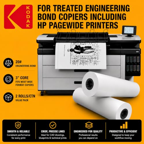 KODAK Wide Format Paper 24 x 500 FT 20# Treated Engineering Bond, 3" Core, 2 Rolls/Ctn