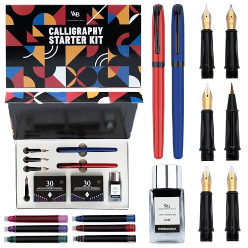 Wordsworth & Black Calligraphy Kit for Beginners, 2 Ink Pens, 5 Nibs, Blue