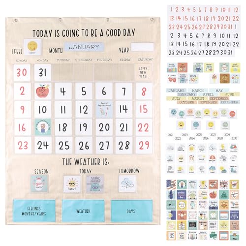 The Peanutshell Learning Calendar Wall Chart - Homeschool Supplies, Interactive Pocket Chart for Toddlers & Kids - Preschool Learning Activity Board, Circle Time Board for Classroom - Good Day