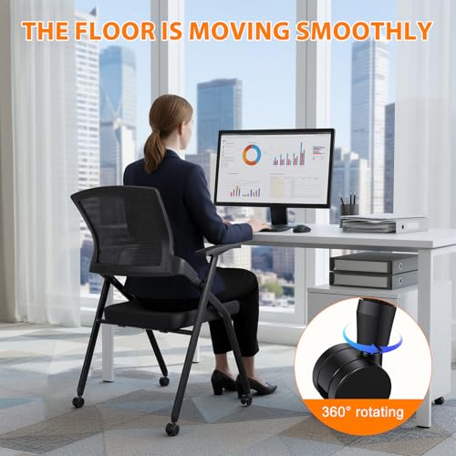 Qirvek Foldable Office Chair with PU Wheels and Smooth Armrest-Ergonomic Mesh Bouncing Back, Stackable Conference Room Chair, Office Guest & Reception & Meeting Chair (Black)
