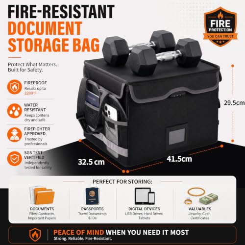 File Box with Lock,Multi-Layer Fireproof Document Box Collapsible File Storage Organizer with Pockets/Handle,Large Portable Home Office Filing Safe for Hanging Letter/Legal Size Folders,Black