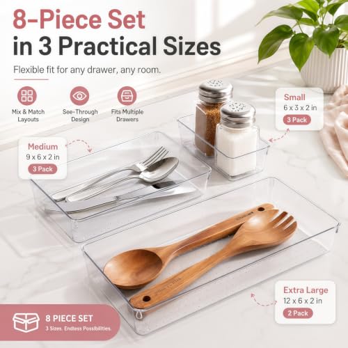 CHOWAY 8 Pack Large Clear Plastic Drawer Organizer Trays, 3 Sizes, Non-Slip