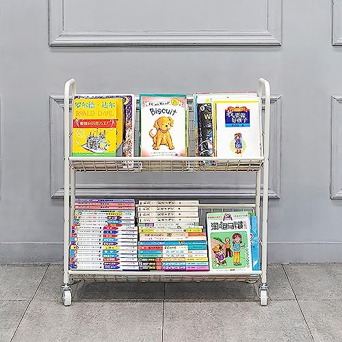 UWYTGF Book Cart, Moveable Bookshelf Organizer with Wheels, Metal Shelving Storage Trolley for Office, Classroom, Library, Study Room,2,Tier
