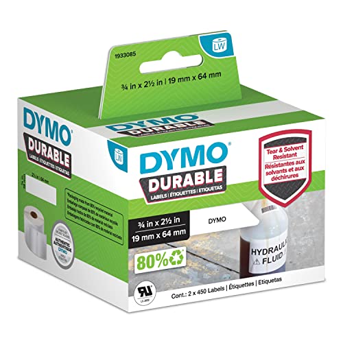 DYMO LW Durable Industrial Labels for LabelWriter Label Printers, White Poly, 3/4” x 2-1/2”, 2 Rolls of 450 (900 Total)