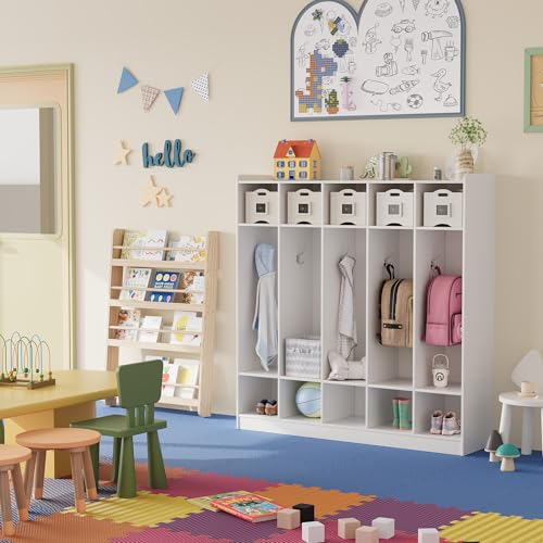 Garvee 5-Section Classroom Coat Locker with 10 Cubbies, Cubby Storage Organizer with 10 Hooks for Home, School, Nursery, Kindergarten, White
