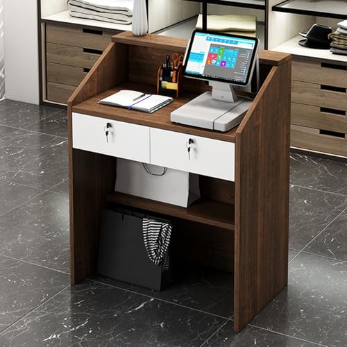Walisk Modern Reception Desk with Lockable Drawer and Open Shelves, Rectangular, White and Walnut, 60x38x92cm, Office, Working