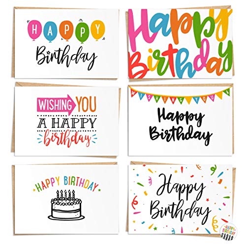 Seymour Butz Happy Birthday Cards Bulk with Envelopes - 120 Happy Birthday Card Pack with 6 Designs, Craft Paper Envelopes and Labels | Assorted Birthday Cards Box Set
