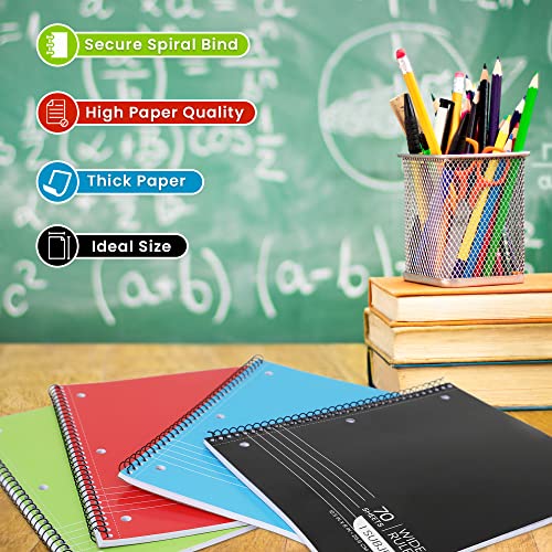 Manaloom Spiral Notebooks, Bulk 1-Subject Notebook, Wide Ruled Notebooks - 70 Sheets - 3 Hole Punched, School Notebooks for 3 Ring Binders - Perforated Pages, Assorted Colors - (Bulk Buy - 48 Pack)