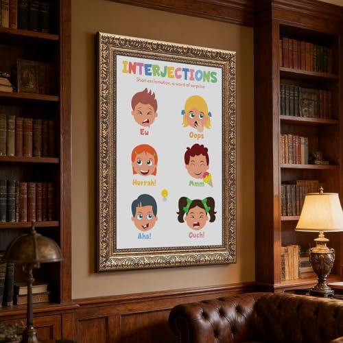 wangpaihui INTERJECTIONS FOR KIDS Parts of Speech English Grammar Chart Language Arts Classroom Educational Poster Canvas for Classroom School Therapy Room Retro Gold Frame24 L X 36" W