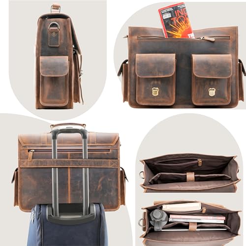Handmade World Full Grain Buffalo Leather Messenger Bag Handcrafted 17 Inch Laptop 'The Dryden Business' Briefcase Computer Satchel Crossbody Shoulder Business Work Office Bag