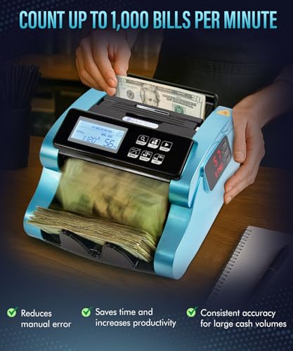 Money Counter Machine 1000 Bills/Min High-Speed Bill Counter with UV/MG/IR/DD Detection, LCD Display, Add/Batch/Value Modes – Ideal for Business, Retail, Office.